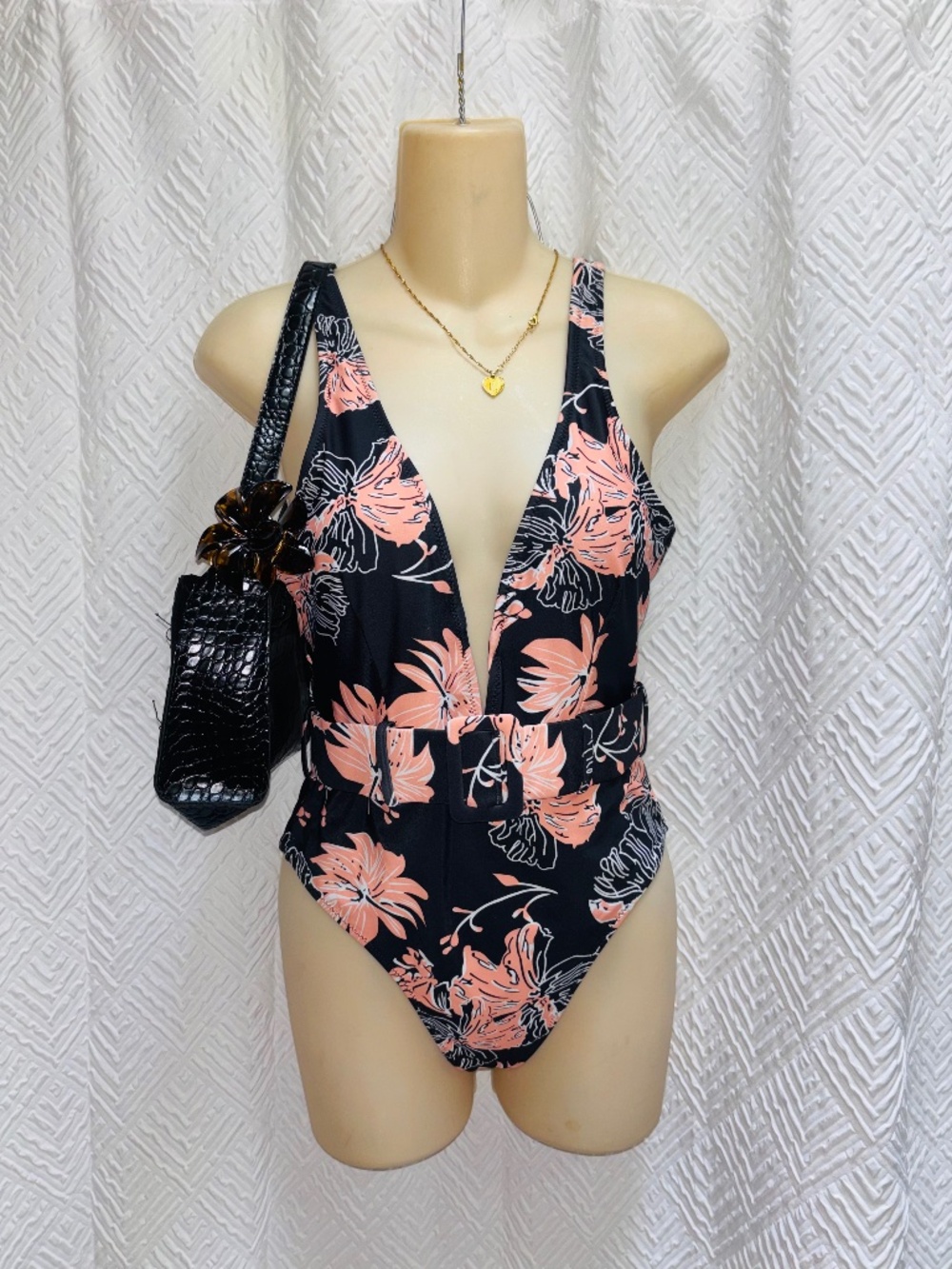 One piece swimsuit womens small floral with belt
